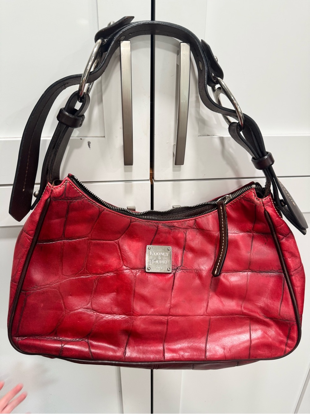 Dooney & Bourke Red Croc-Embossed Shoulder Bag with Dark Strap
